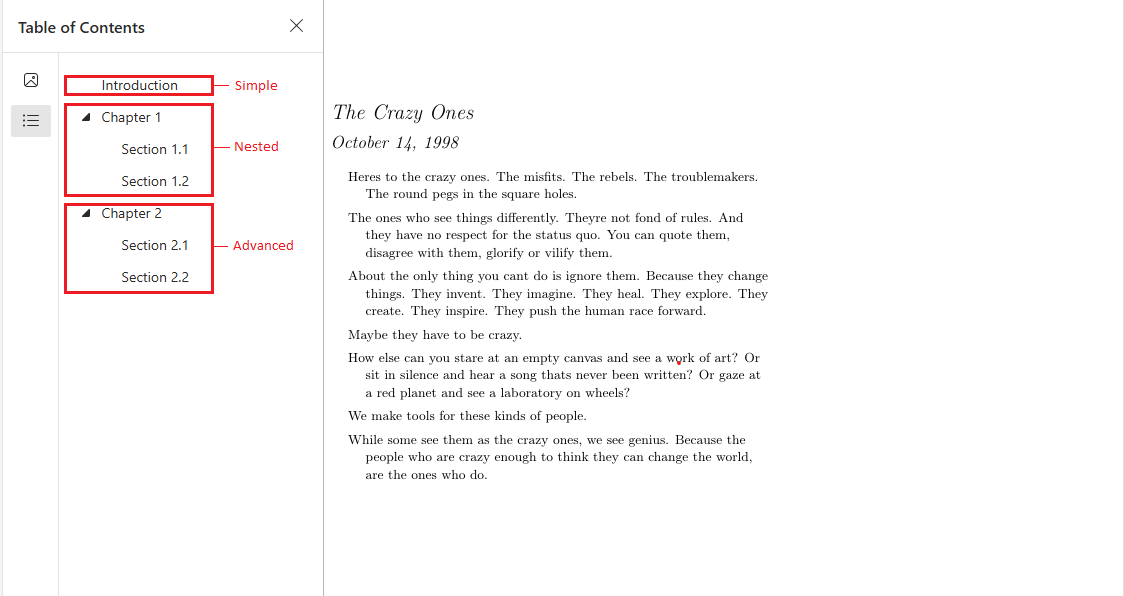 An annotated screenshot illustrating simple, nested, and advanced PDF bookmarks.